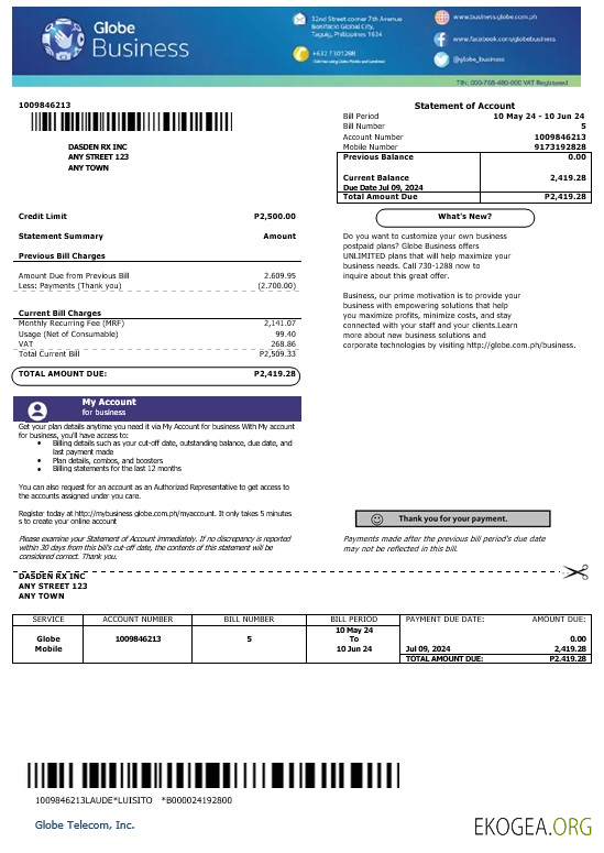 Modèle de facture de services publics des Philippines Globe Business aux formats Word et PDF